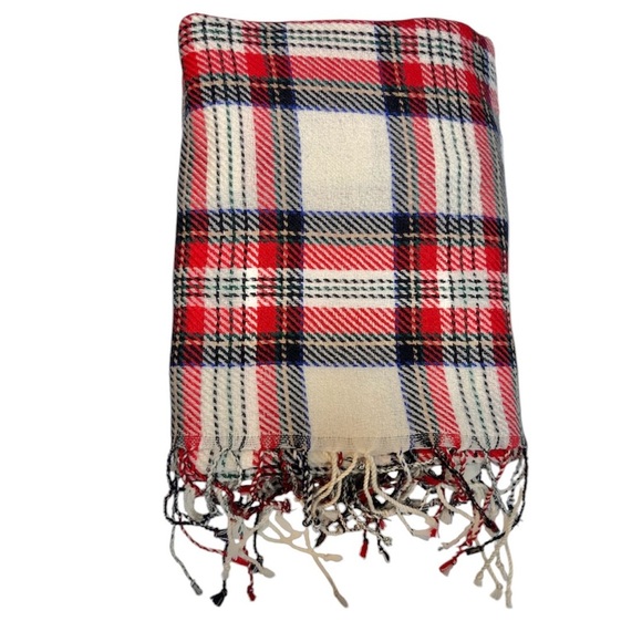 Talbots Heavy & Warm Plaid Scarf Cream, Red and Navy, [75” x 28.5”] - Picture 2 of 8